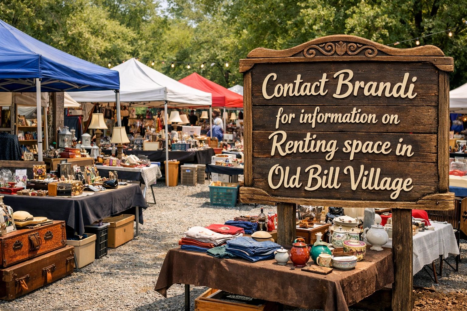 Outdoor market with vintage items and a sign about renting space in Old Bill Village.