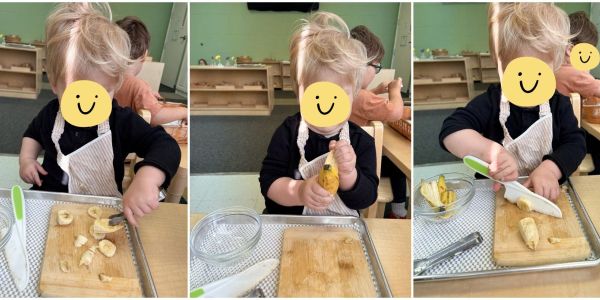 Child peeling and cutting a banana in three images.