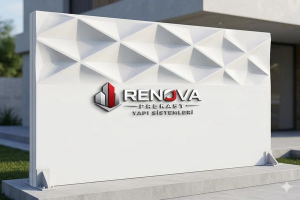 White sign with Renova Prekast logo and text.