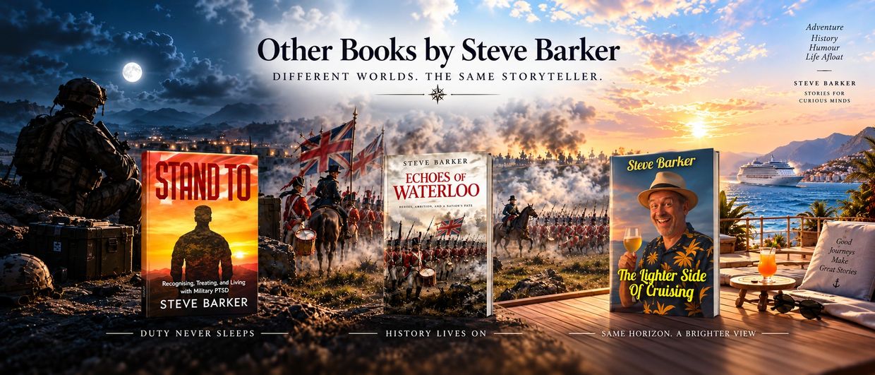 Promotional image showcasing three books by Steve Barker in distinct settings.