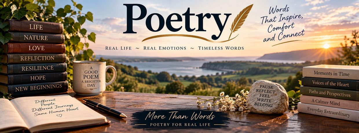 Books, poetry, and a scenic sunset with inspiring words.