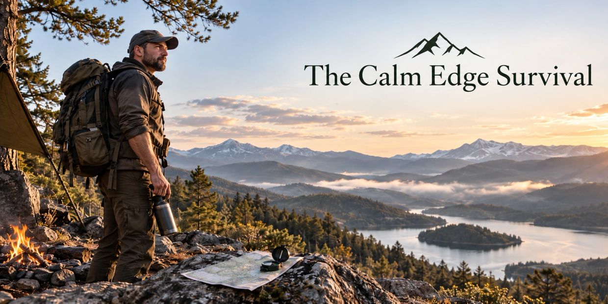 Man hiking in the mountains with survival gear at sunset.