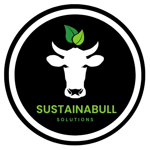 Minimalist logo of a bull head with green leaves, symbolizing sustainability.