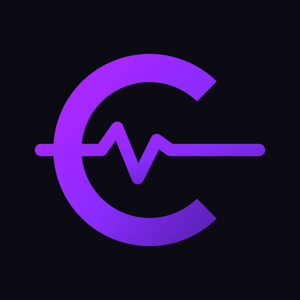Purple heartbeat line forming a C on a black background.