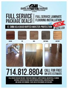 12mm Moisture resistant Laminate flooring full service installation special. 4.25 sqft