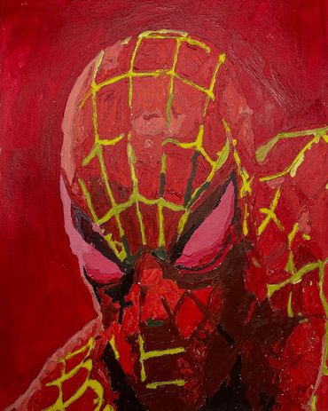 Hand-painted Spider-Man artwork featuring bold colors and dynamic detail, modern painting style.