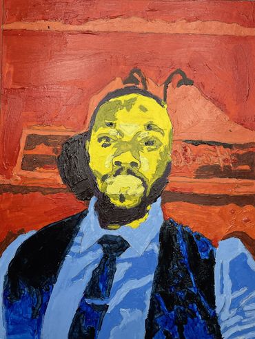 This painting features a man wearing a stylish vest and tie, exuding sophistication