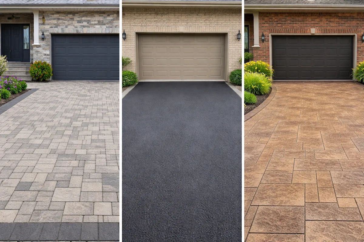 Interlock, asphalt, and stamped concrete driveway comparison at residential home