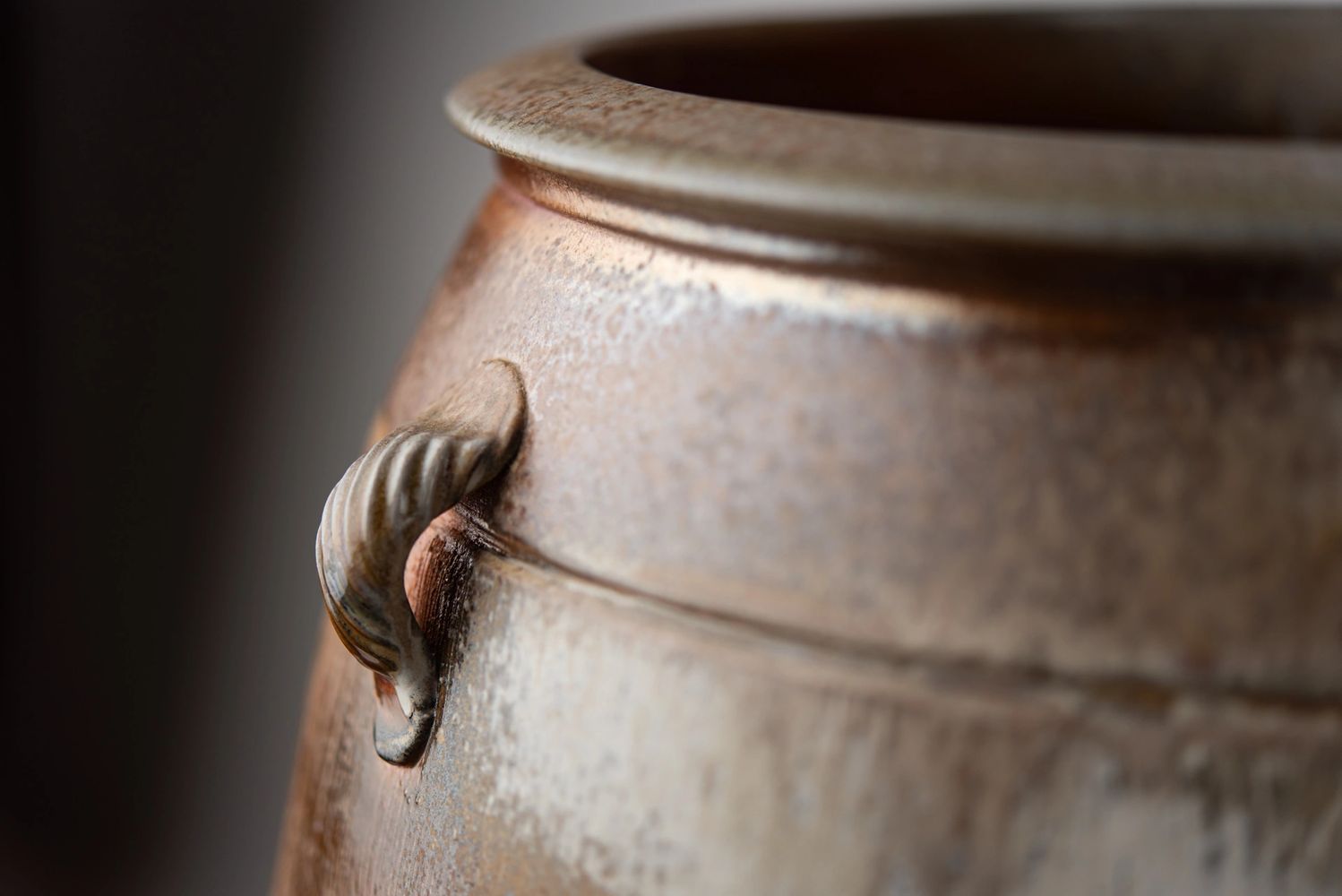 Hand thrown, wood fired stoneware garden pot by Monte Young, Jasper, Indiana