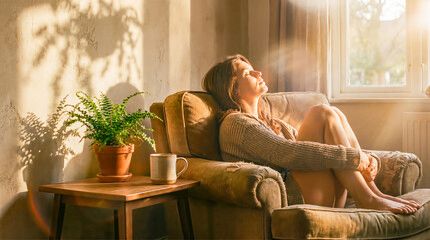 Woman relaxing in a cozy armchair bathed in warm sunlight.