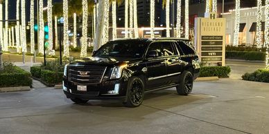 Black luxury SUV parked at night with illuminated palm trees.