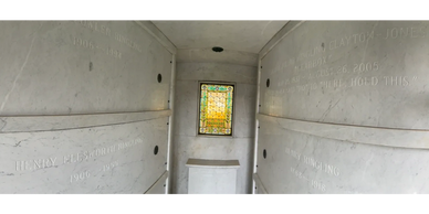 color panoramic image of the interior of the Henry Ringling mausoleum