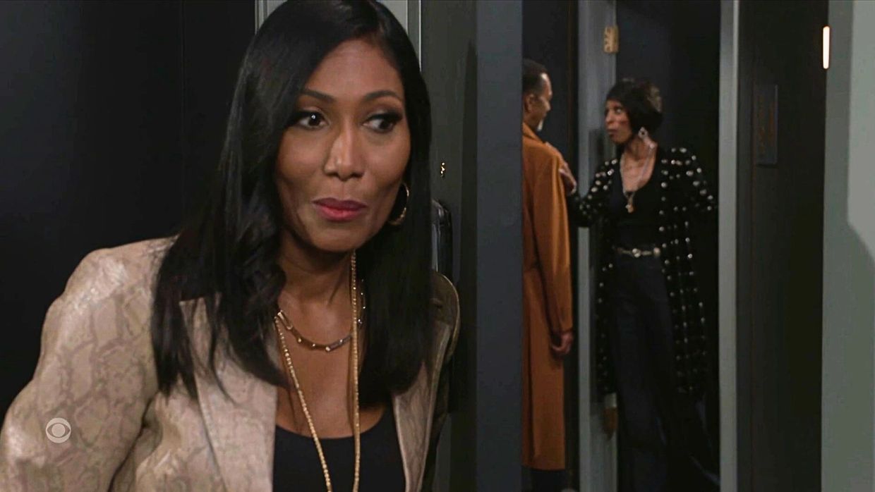 Leslie overhears Vernon and Sharon in the hallway on Beyond the Gates.