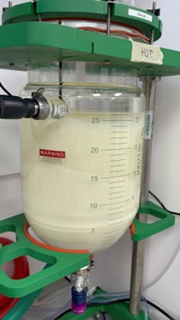 Laboratory reactor vessel with heating and warning labels.