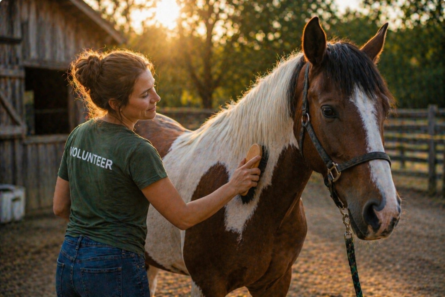 Volunteer brushing a horse outdoors during sunset.