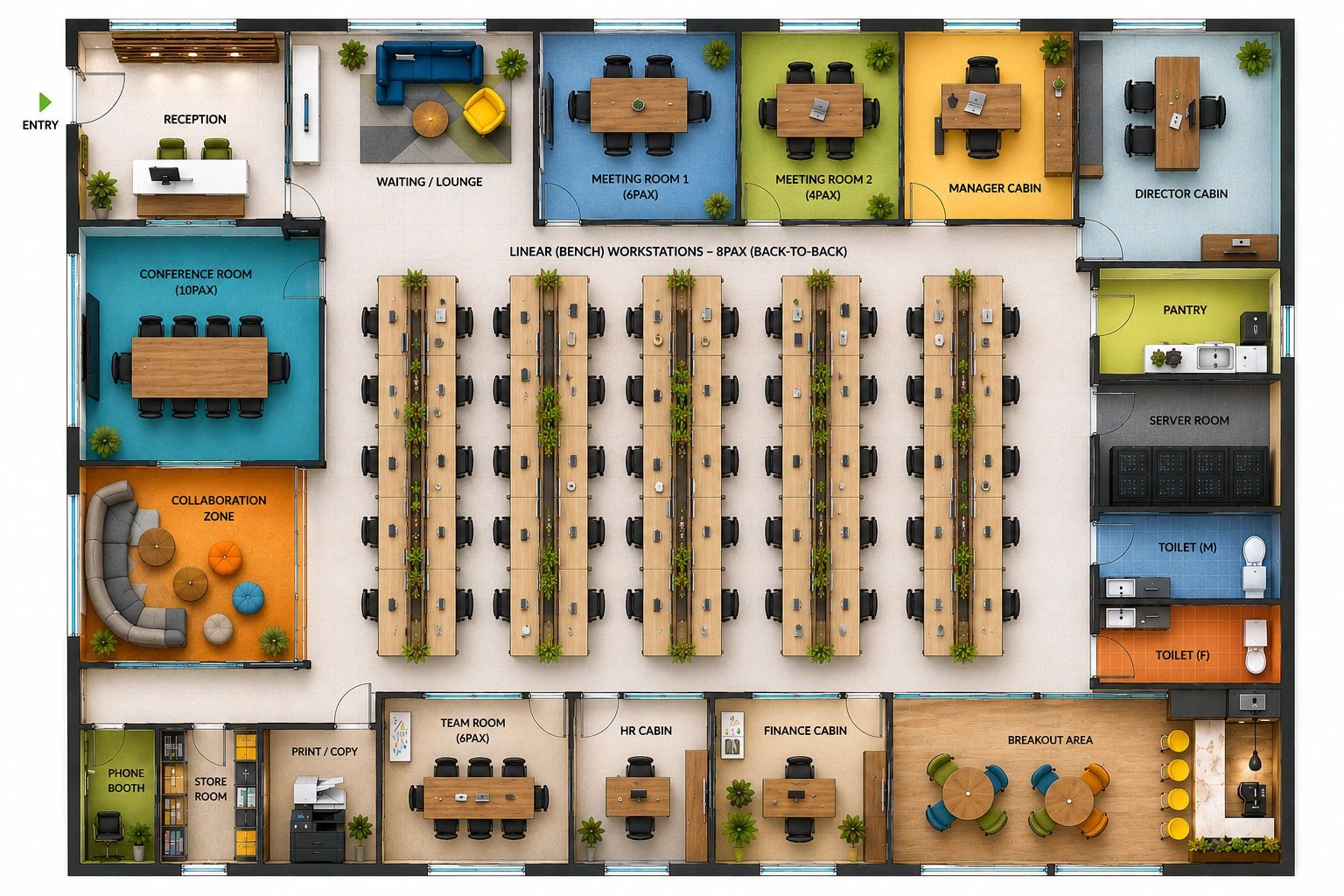 Detailed office floor plan with labeled rooms and workstations.