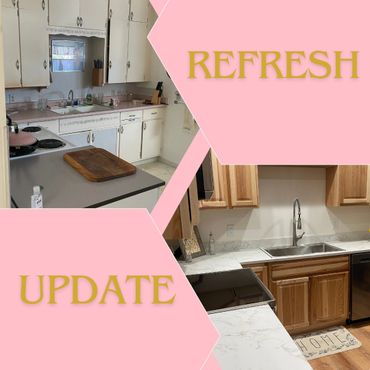 Before and after kitchen renovation showing outdated and modern styles.