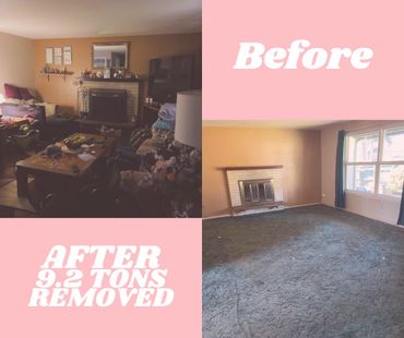 Before and after deep cleaning removing 9.2 tons of clutter from the living room.