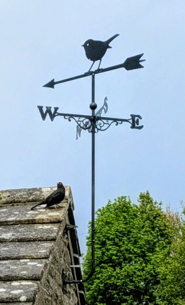 A black bird perched near a metal bird-shaped weather vane on a stone roof.