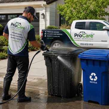 A ProCare worker pressure washes a black trash bin next to a blue recycle bin.