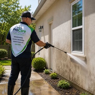 Worker power washing the exterior wall of a house.