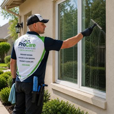 Professional window cleaner washing a house window with a squeegee.