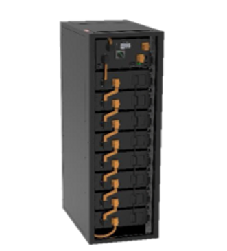 A black server rack with multiple battery modules connected by orange cables.