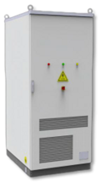 Tall white industrial electrical cabinet with warning signs and ventilation panels.