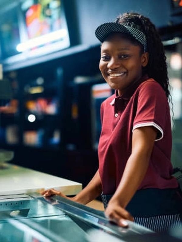Smiling young woman in uniform at a counter.