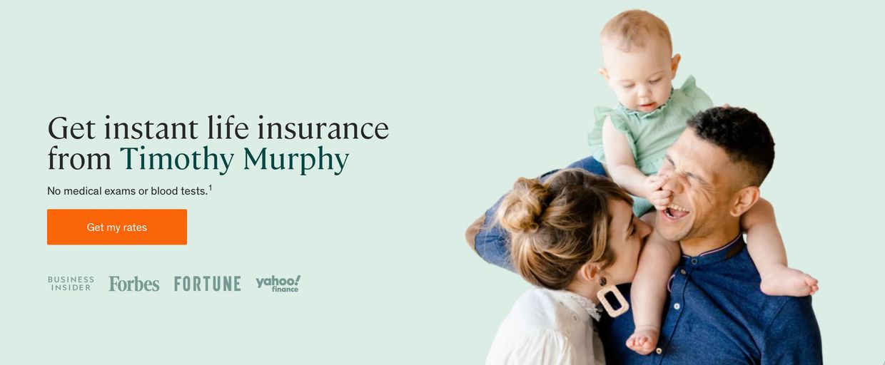 Happy family promoting instant life insurance from Timothy Murphy with no medical exams.