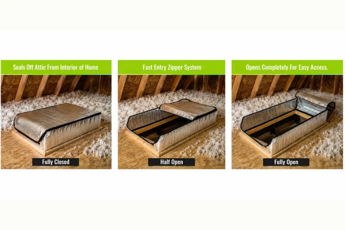 Insulated attic access cover with zipper, shown closed and open.