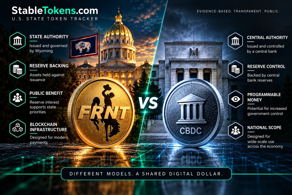 Wyoming FRNT compared with a CBDC: two distinct models for public digital money