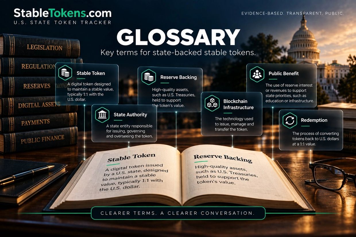 Stable token glossary explaining reserves, state authority, blockchain infrastructure and redemption