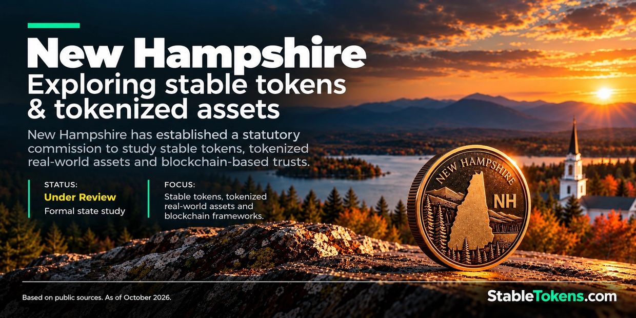 New Hampshire token illustration beside a lake, highlighting research into stable tokens and assets.