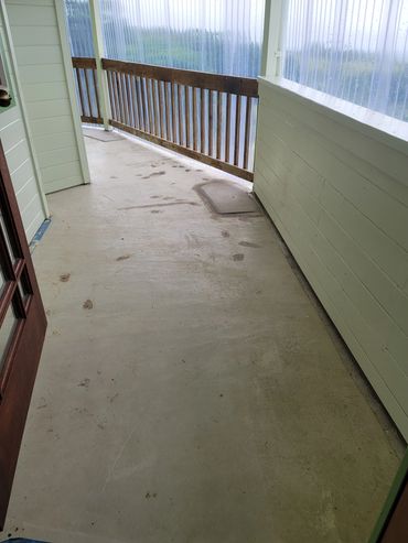 Mingo Project; Covered Deck needing the floor patched, waterproofing and porcelain tile installed an
