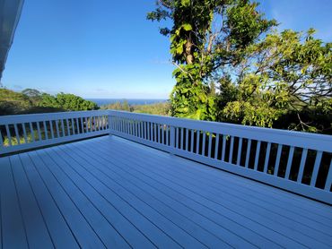 Rosalie Project; new deck and railing built to replace old rotten one. Primed and painted!