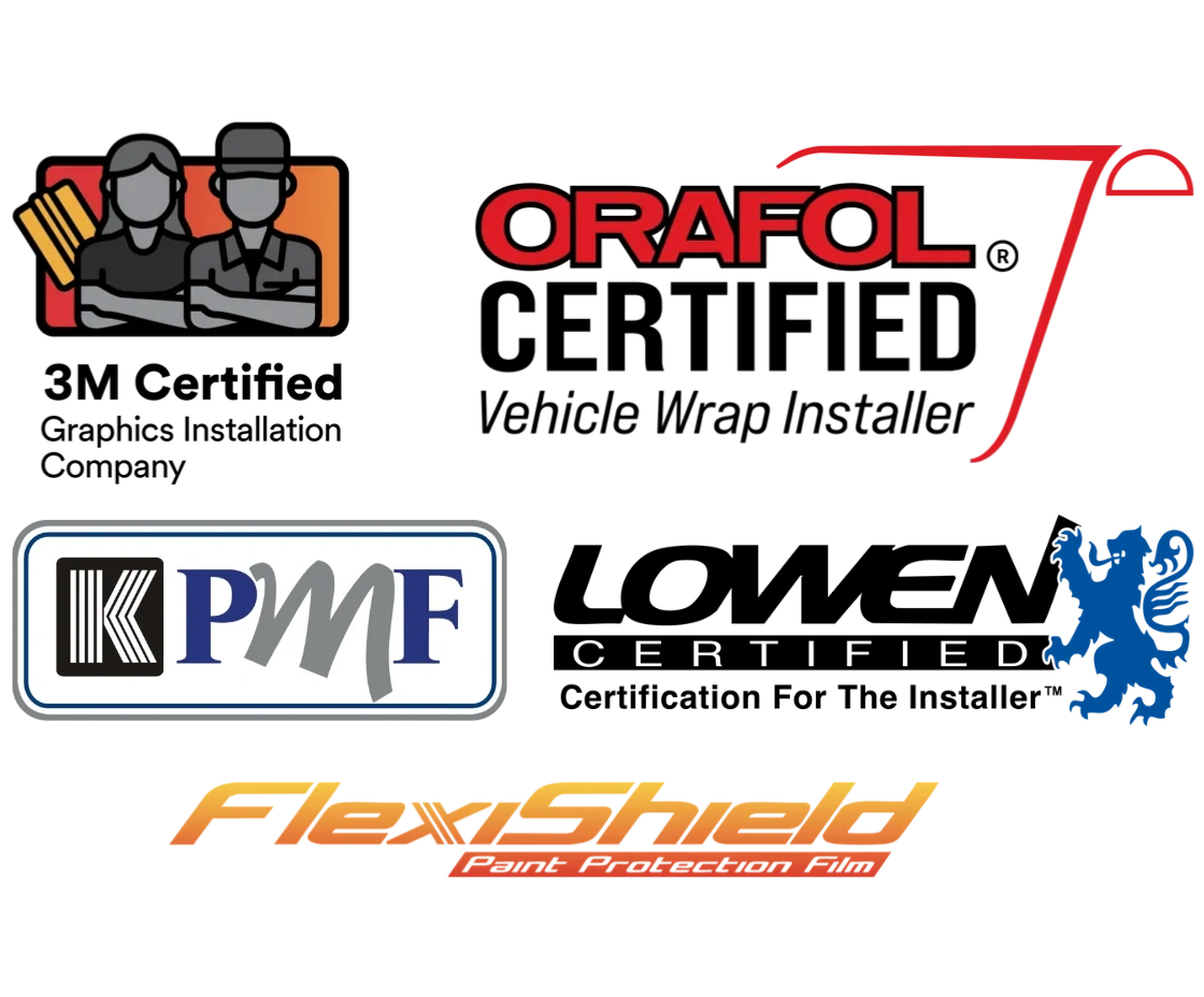 3M Certified Graphics Installer, Orafol Certified Installer, KMPF logo, flexishield PPF, Lowen Cert.