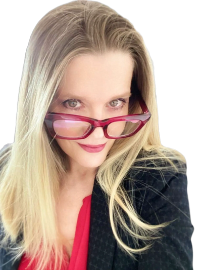 Blond news reporter with red glasses wearing black suit