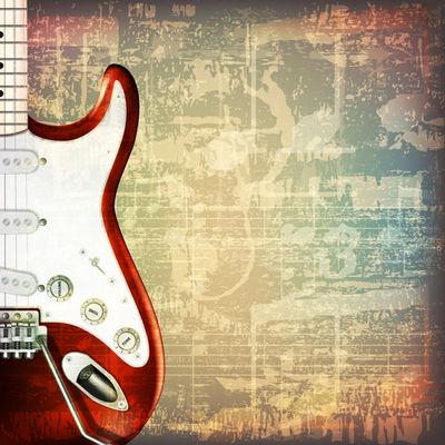 Image Description: half of a red & white electric guitar against background of mixed musical images.