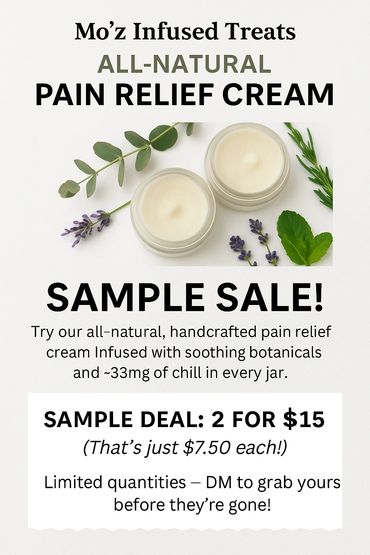 Sample sale for all-natural pain relief cream infused with soothing botanicals.