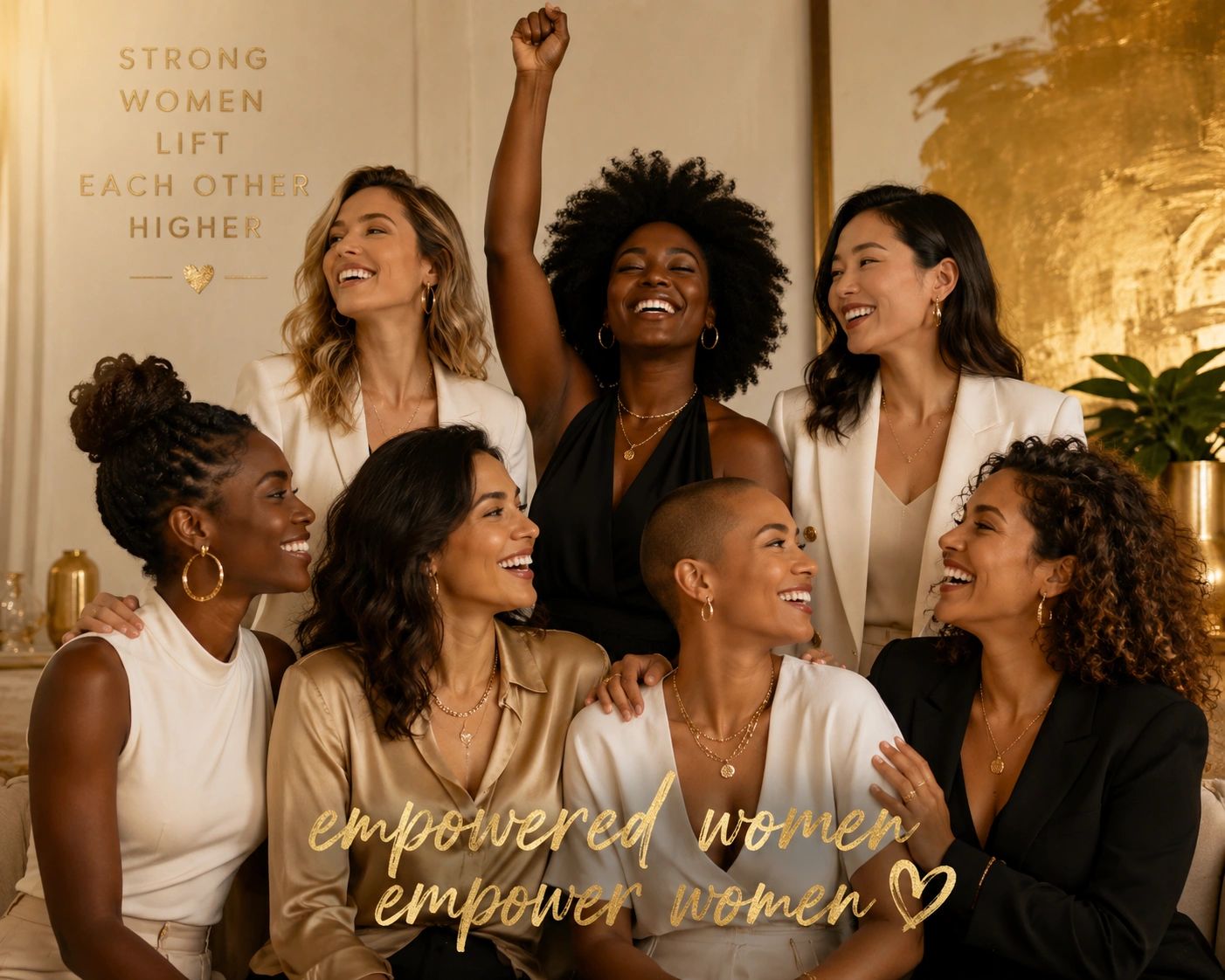 A diverse group of joyful women celebrating empowerment and support.