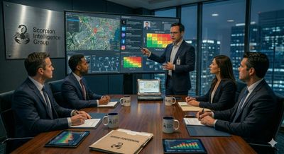 Business team in a high-tech conference room discussing data on large screens.
