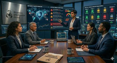 Business team discussing cybersecurity strategies in a high-tech conference room.