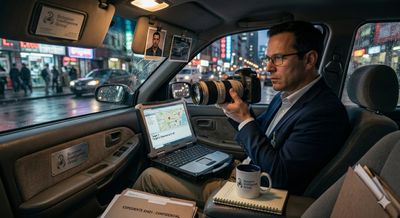 A man takes photos inside a taxi at night in a busy city.