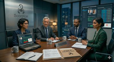 Four professionals discuss recruitment strategies in a modern office.