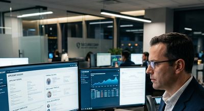 Man analyzing data on multiple computer screens in a modern office.
