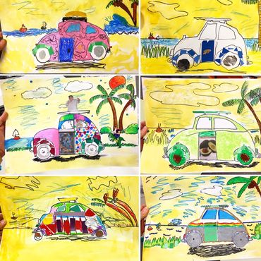 Colorful car drawings with beach and palm tree backgrounds.