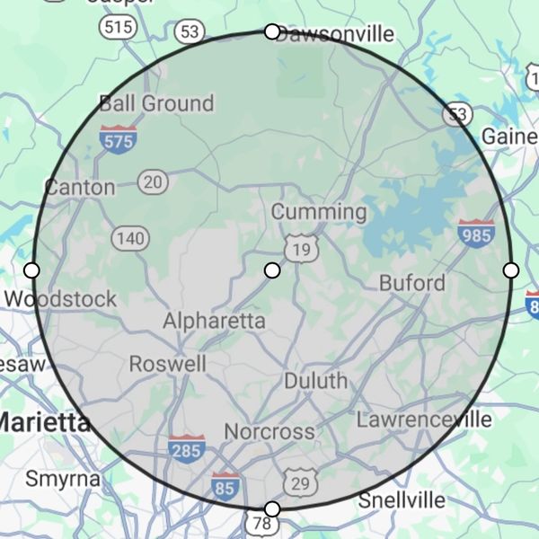 Map for service area for Rocky Brook Construction in Cumming, GA.