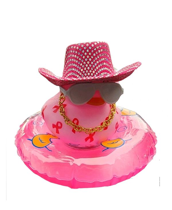 Cowgirl breast cancer fighter rubber duckie on beach float