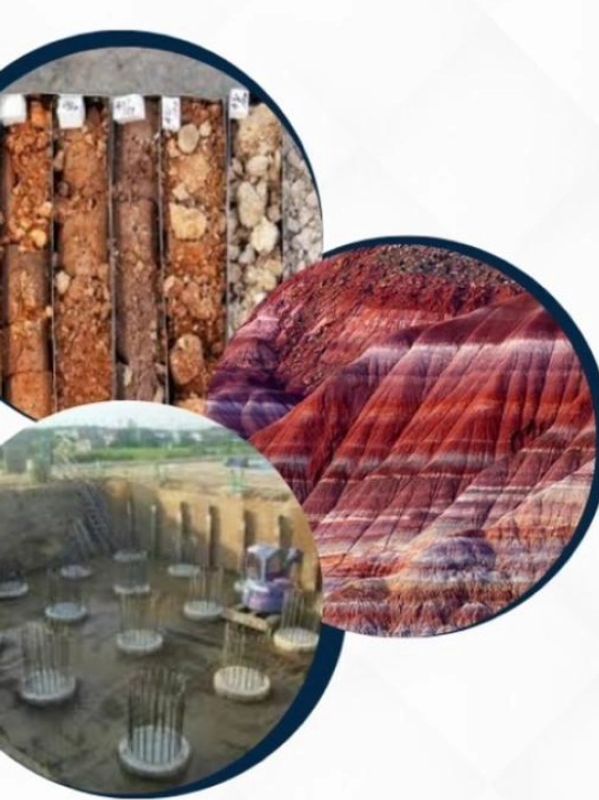Three images showing soil samples, colorful rock formations, and construction foundation work.
